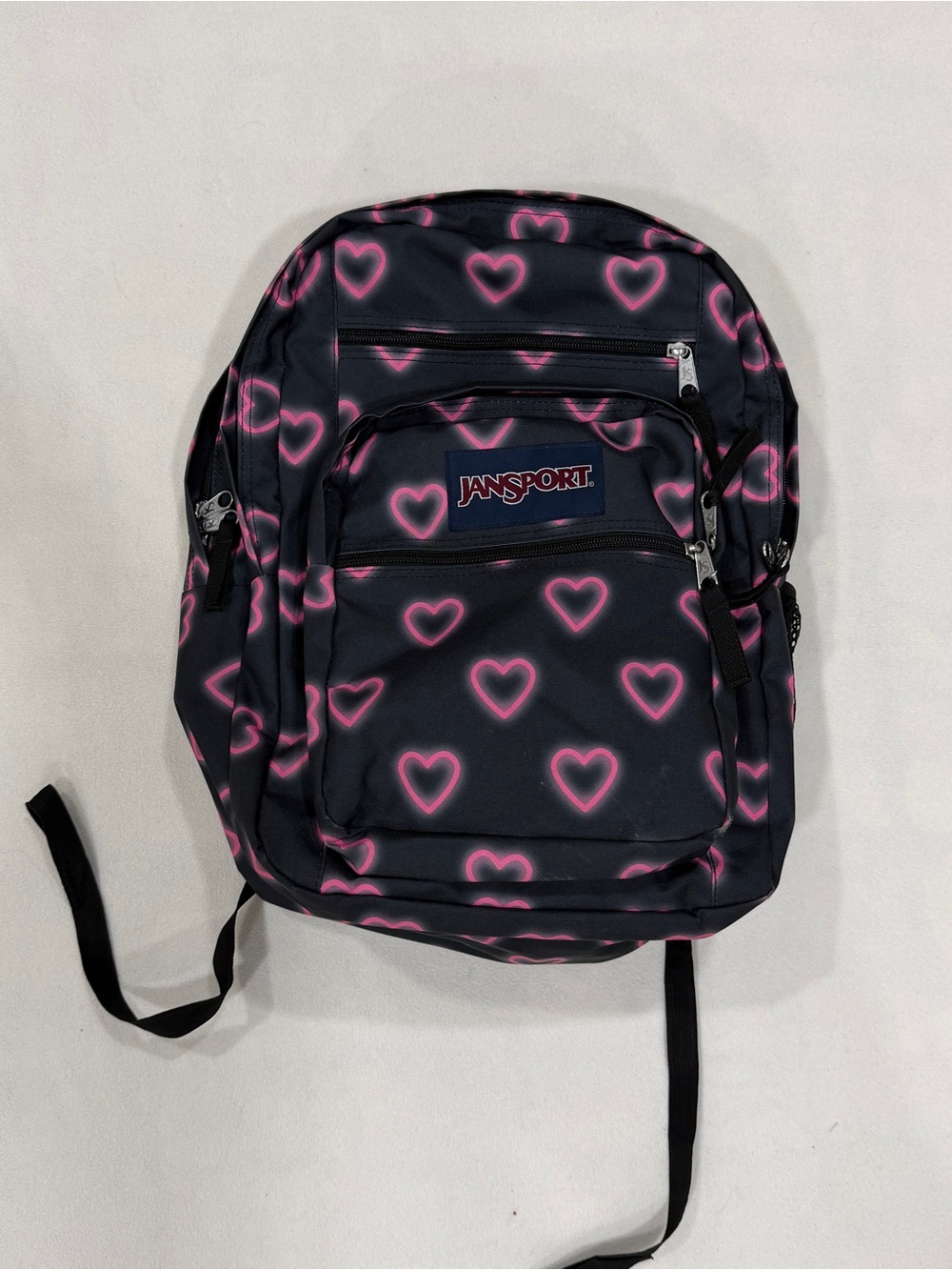JanSport Big Student Large Backpack Black Pink Hearts, Bottle Pocket, Zip